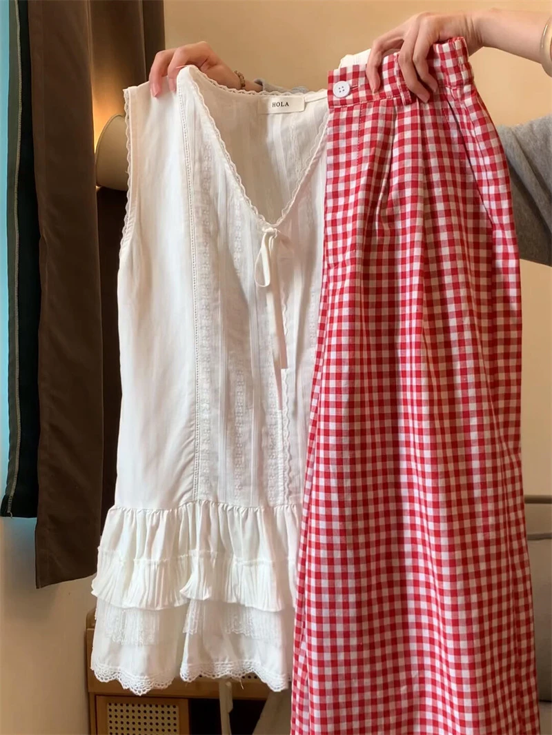 夏季新款韩系bm少女感穿搭一整套V领时尚背心裙格子慵懒裤两件套