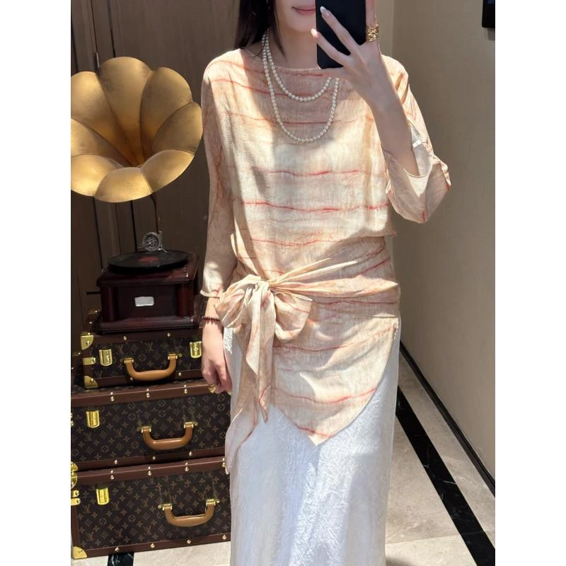 夏季防晒成人真丝桑蚕丝翻领长袖衬衫女士花色绑带连衣裙时尚休闲