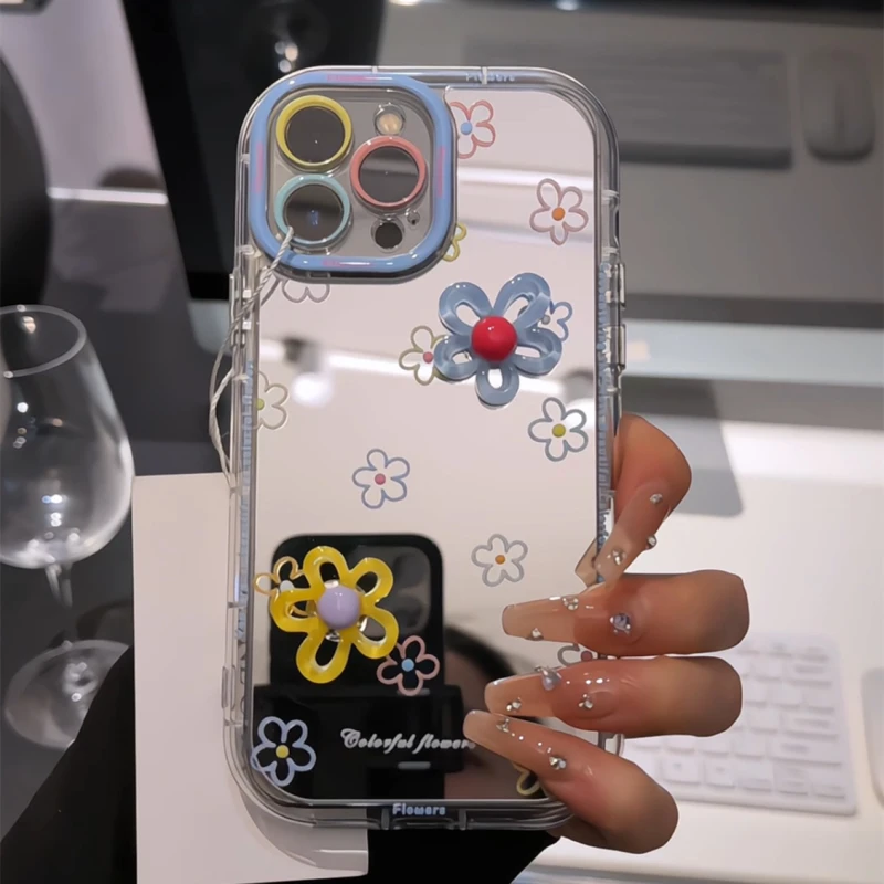 适用苹果15镜面奶油iPhone16手机壳mate70华为彩色线条花朵小米15