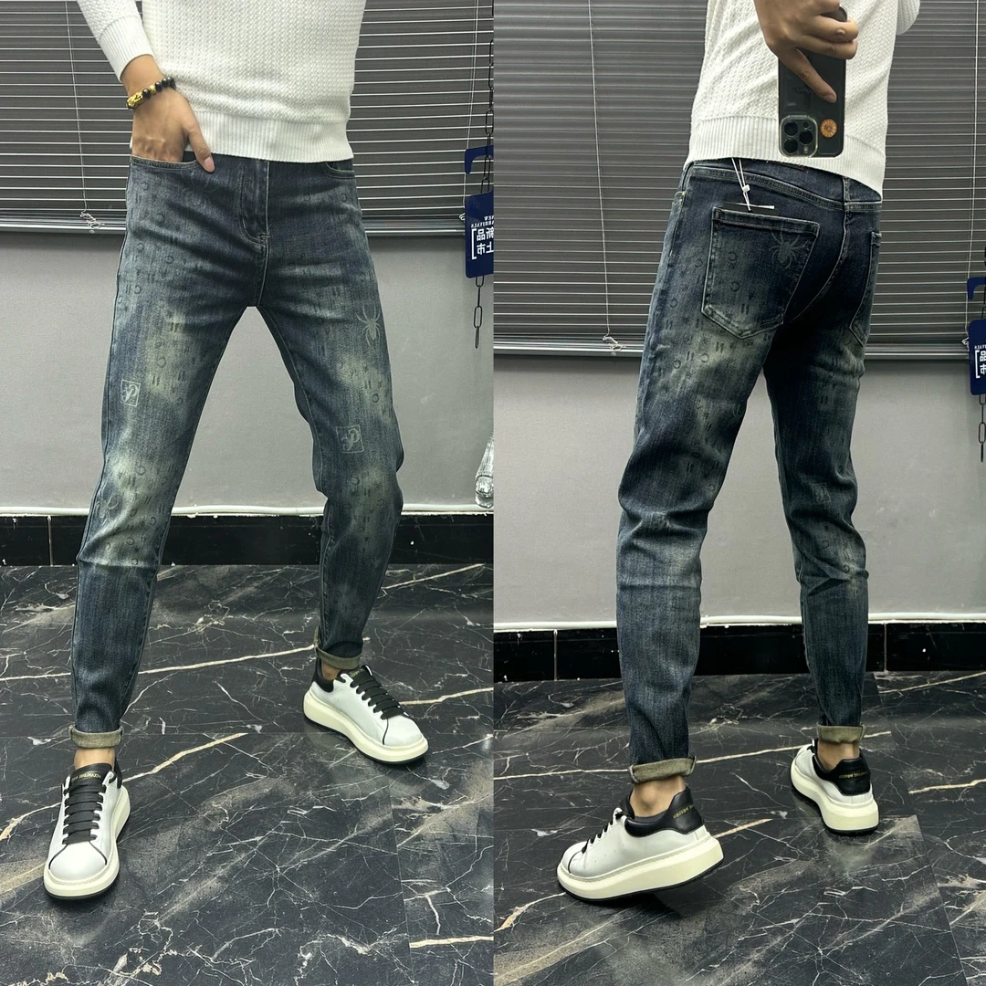 高端欧货印花时尚弹力小脚牛仔裤男士休闲痞帅潮流秋季新款设计感
