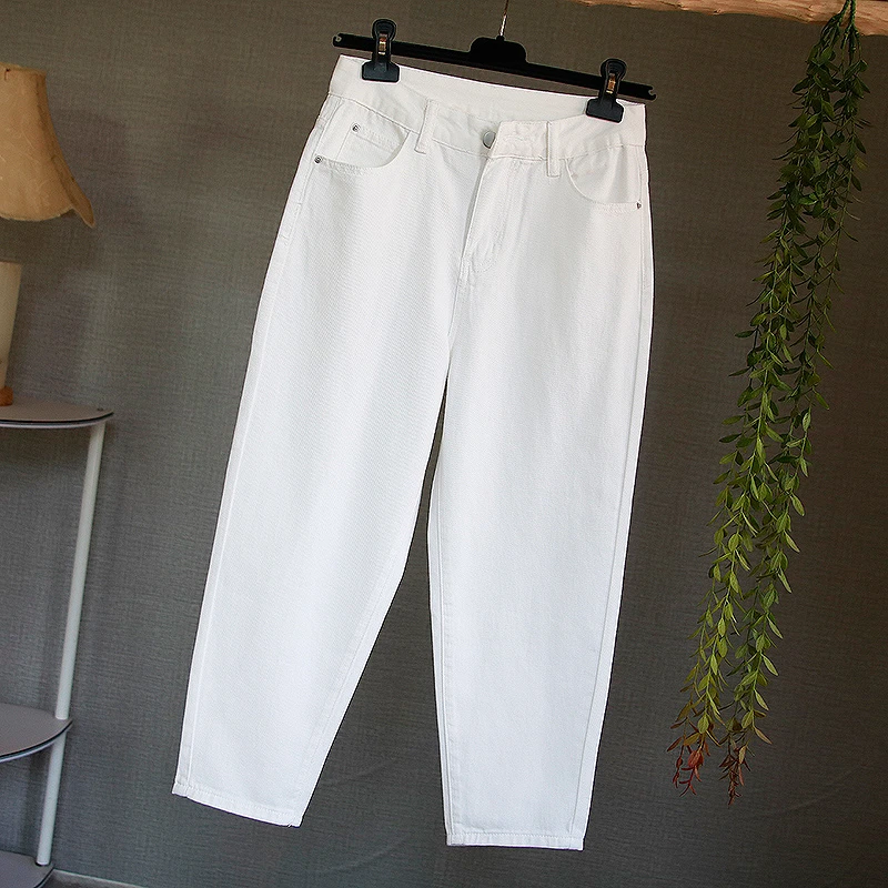 白色高腰牛仔裤女2025年秋季新款宽松显瘦大码胖MM九分萝卜老爹裤