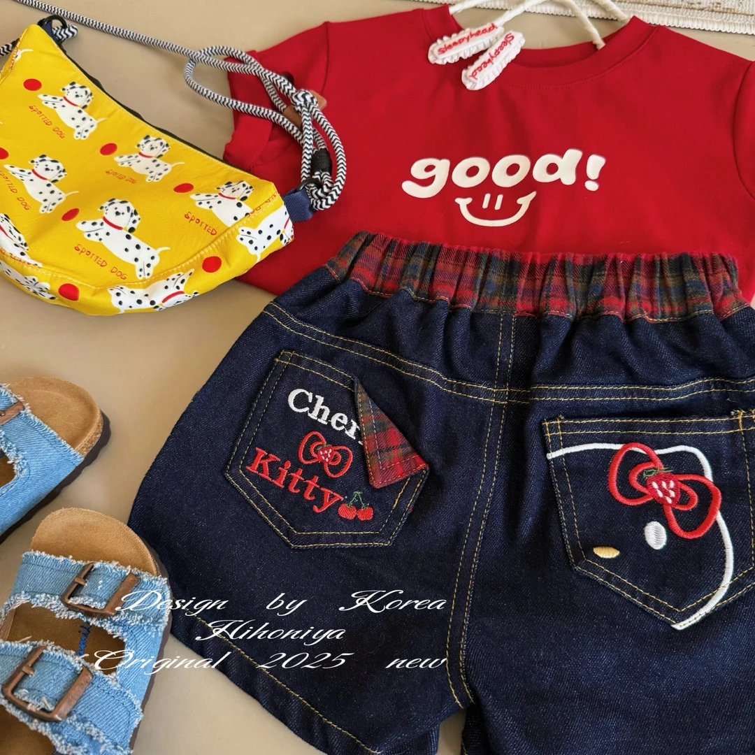 【樱桃凯蒂】儿童节二Hihoniya~2025夏季亲子Kitty刺绣透气牛仔短裤