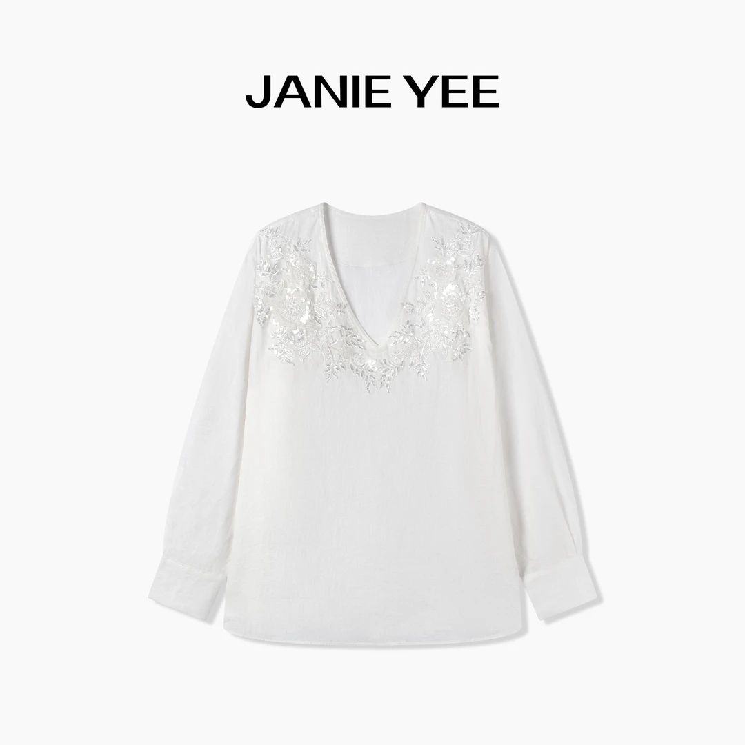 Janie Yee“贵妇私服” 高定100亚麻雨露麻手工钉珠v领衬衫 24A0930