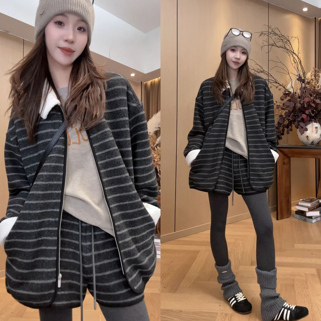小静静一会【羊羔绒条纹套装】2025冬季新百搭休闲两件套 2512C9195