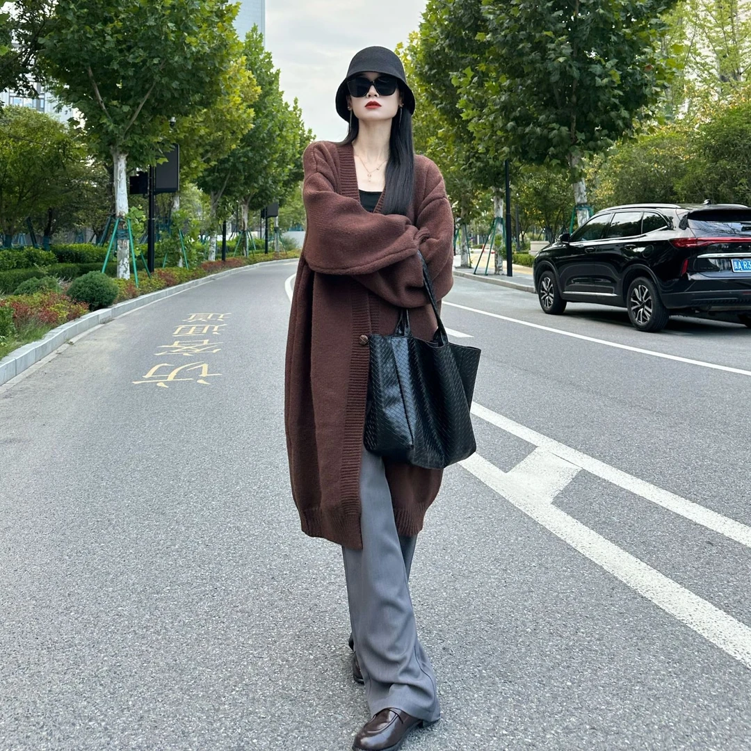 高级感欧货中长款针织开衫女秋冬加厚气质赫本风毛衣外套慵懒大衣