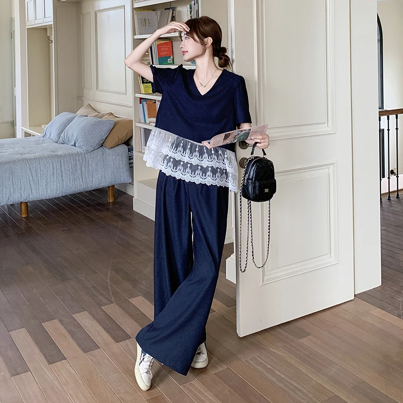深蓝色蕾丝拼接套装女2025夏季新款慵懒风松弛感上衣阔腿裤两件套