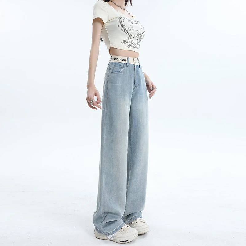浅蓝色莱赛尔天丝牛仔裤女款夏季新款高腰显瘦小个子窄版直筒裤子