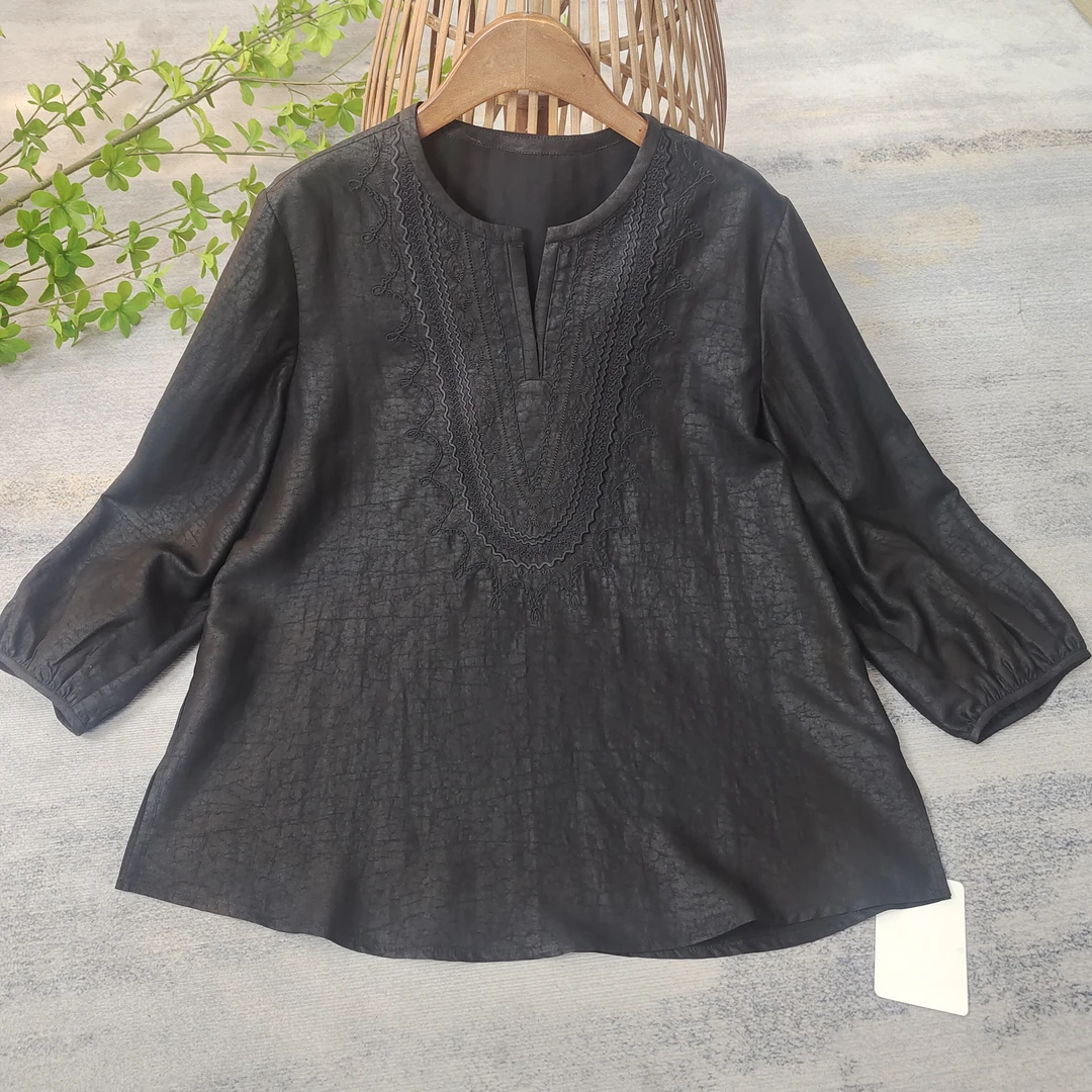 黑油龟香云纱刺绣套头宽松复古衬衫