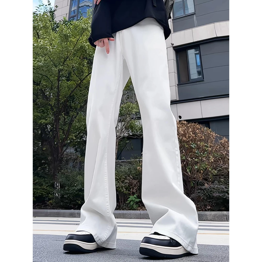 美式高街vibe裤子男款秋冬白色加绒牛仔裤潮牌直筒弯刀微喇裤