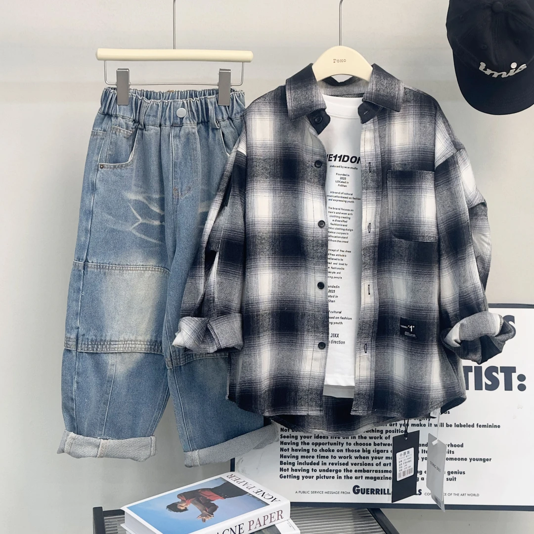 AS8587儿童黑白格立领外套衬衫春季新款男童休闲韩版中大童开衫