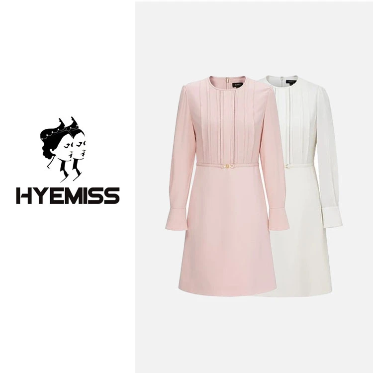 HYEMISSOWF11030春季新款时尚百搭圆领显瘦两色荷叶边长袖连衣裙