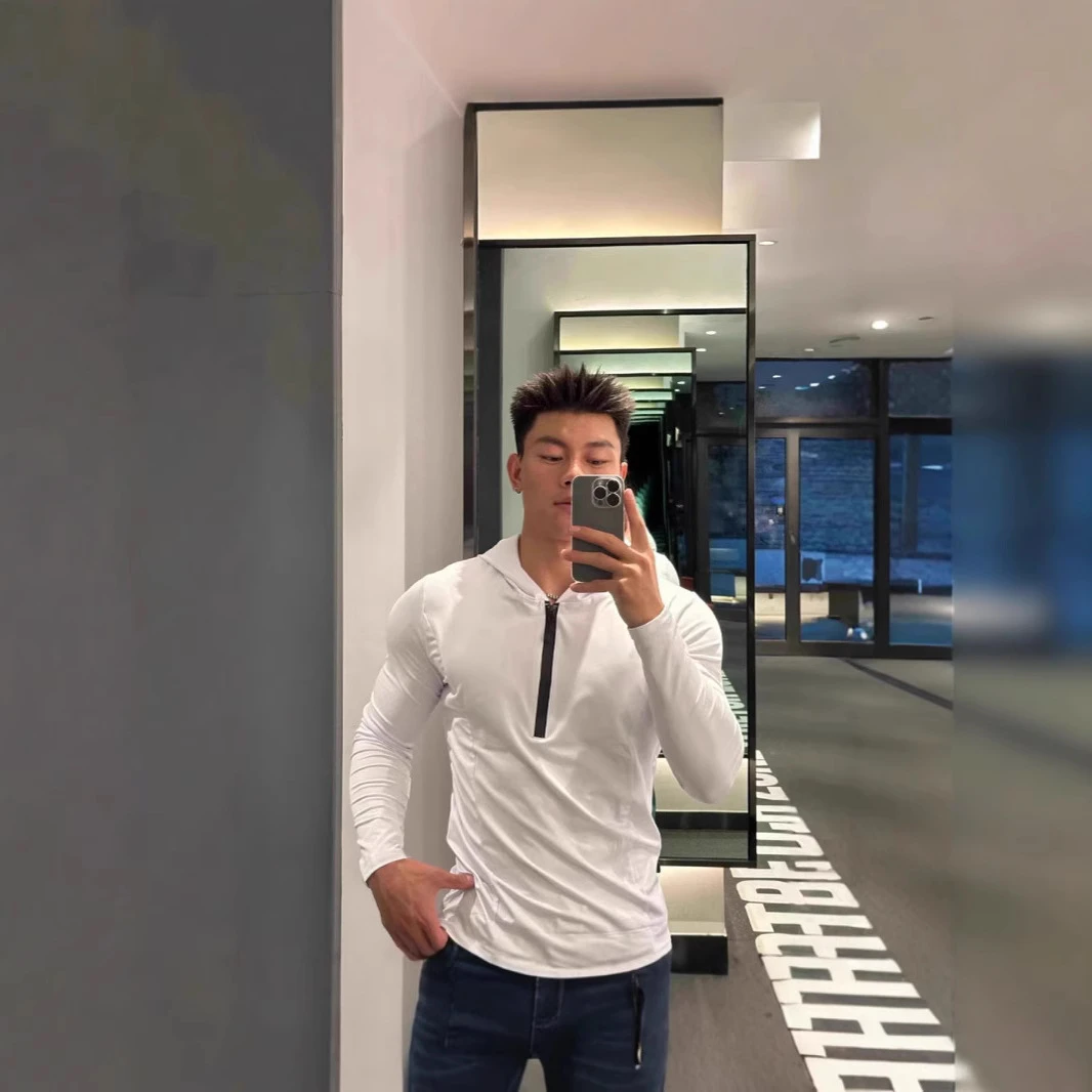 白小t男士T恤潮流速干连帽长袖健身运动跑步训练弹力打底半开拉链