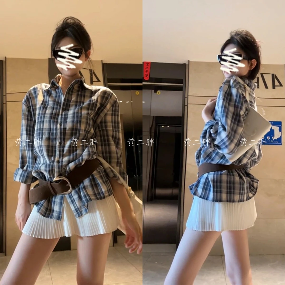 2025春季新款女韩系穿搭宽松格纹翻领衬衫气质高腰显瘦百褶半身裙
