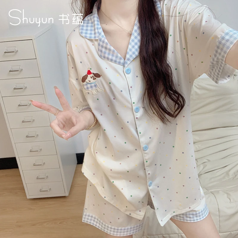 短袖少女卡通动漫韩版睡衣家居服套装休闲风日系小狗大码宽松外穿
