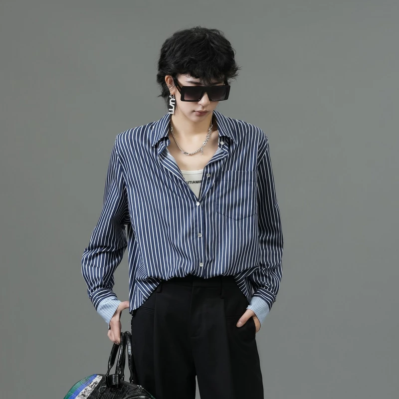 U/TI【专柜新品】爆品推荐设计感原宿风假两件蓝白条纹春季长袖衬衫