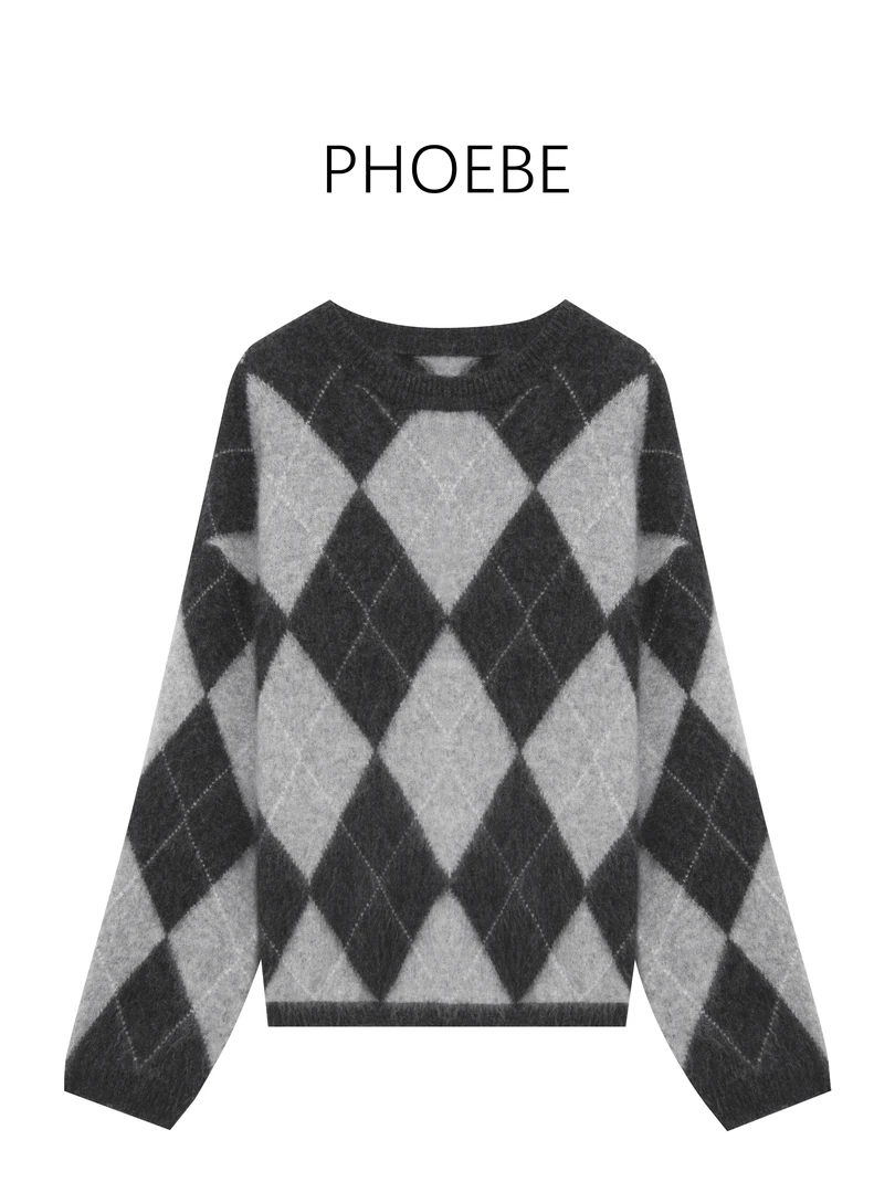 【经典菱格】PHOEBE叶姐 秋冬新款时尚复古菱格圆领毛衣H5100494C