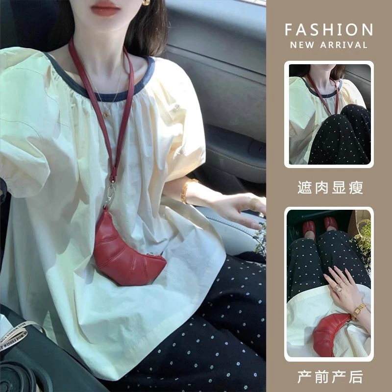 时髦孕妇套装夏季新款法式泡泡袖撞色短袖衬衫网红气质别致两件套