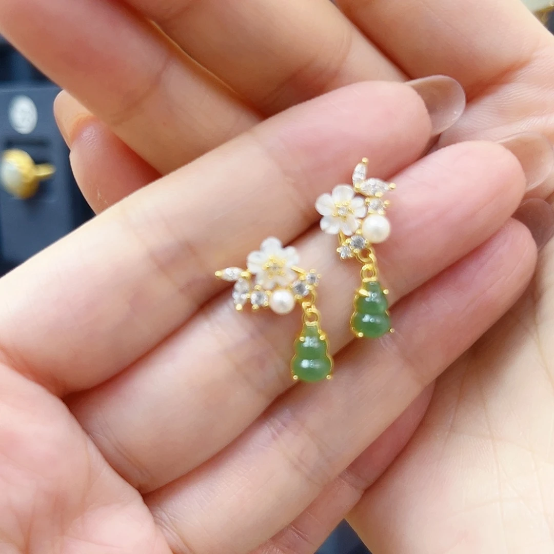 和田玉银S925镀金镶嵌耳饰