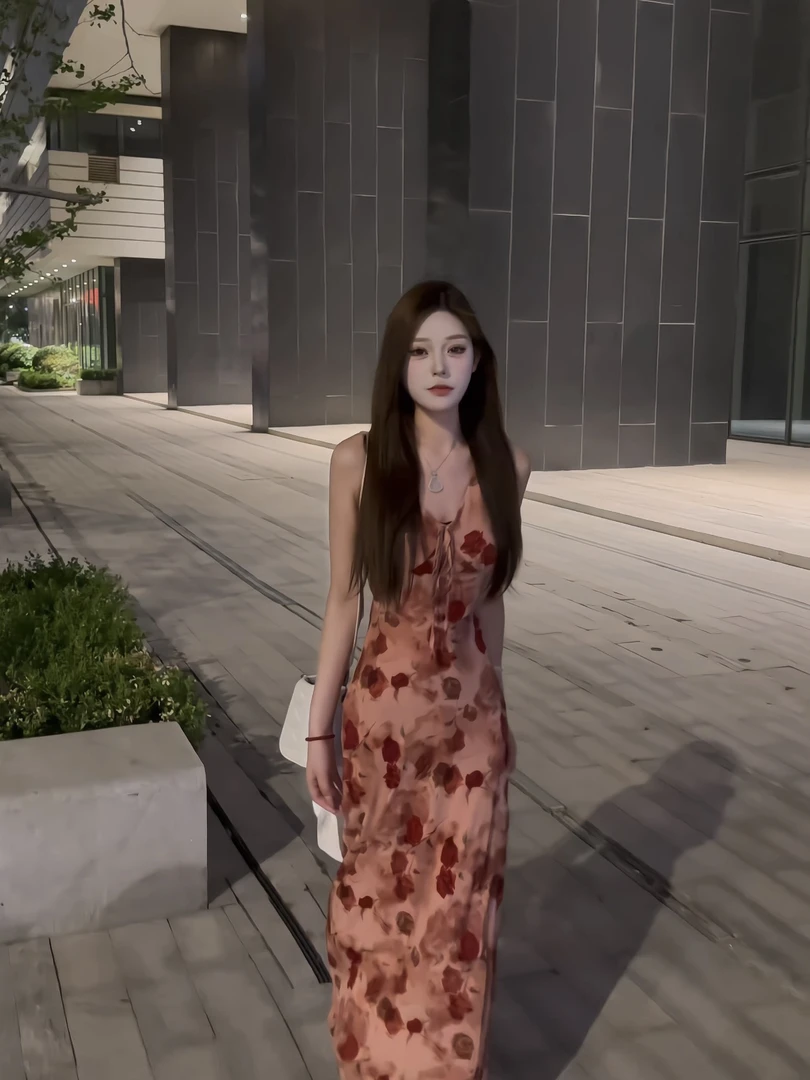 【清迈花季】玫瑰v领连衣裙女春季修身显瘦长裙子洋气