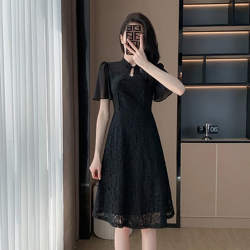 奢姿2025年夏装新款大码女装蕾丝拼接旗袍连衣裙胖妹妹时尚裙子