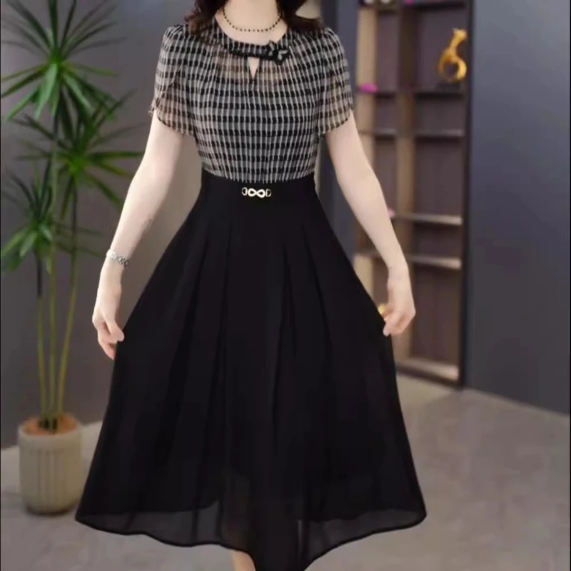 启慕时尚优雅假两件连衣裙女夏2025新款气质减龄妈妈装显瘦中长裙