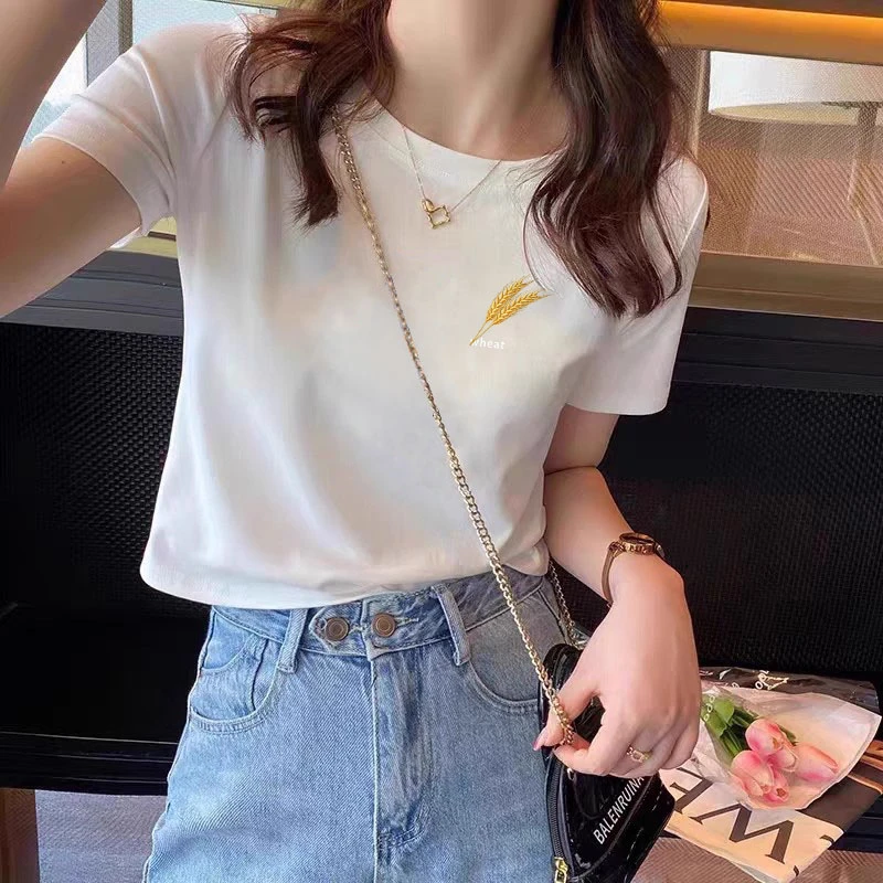 2025夏季洋气设计感短袖纯棉圆领上衣女士高腰别致短款韩版T恤衫