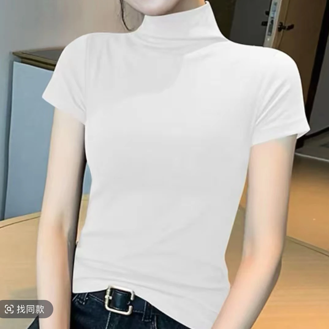 极简风圆领休闲风半高领短袖T恤百搭紧身白色修身