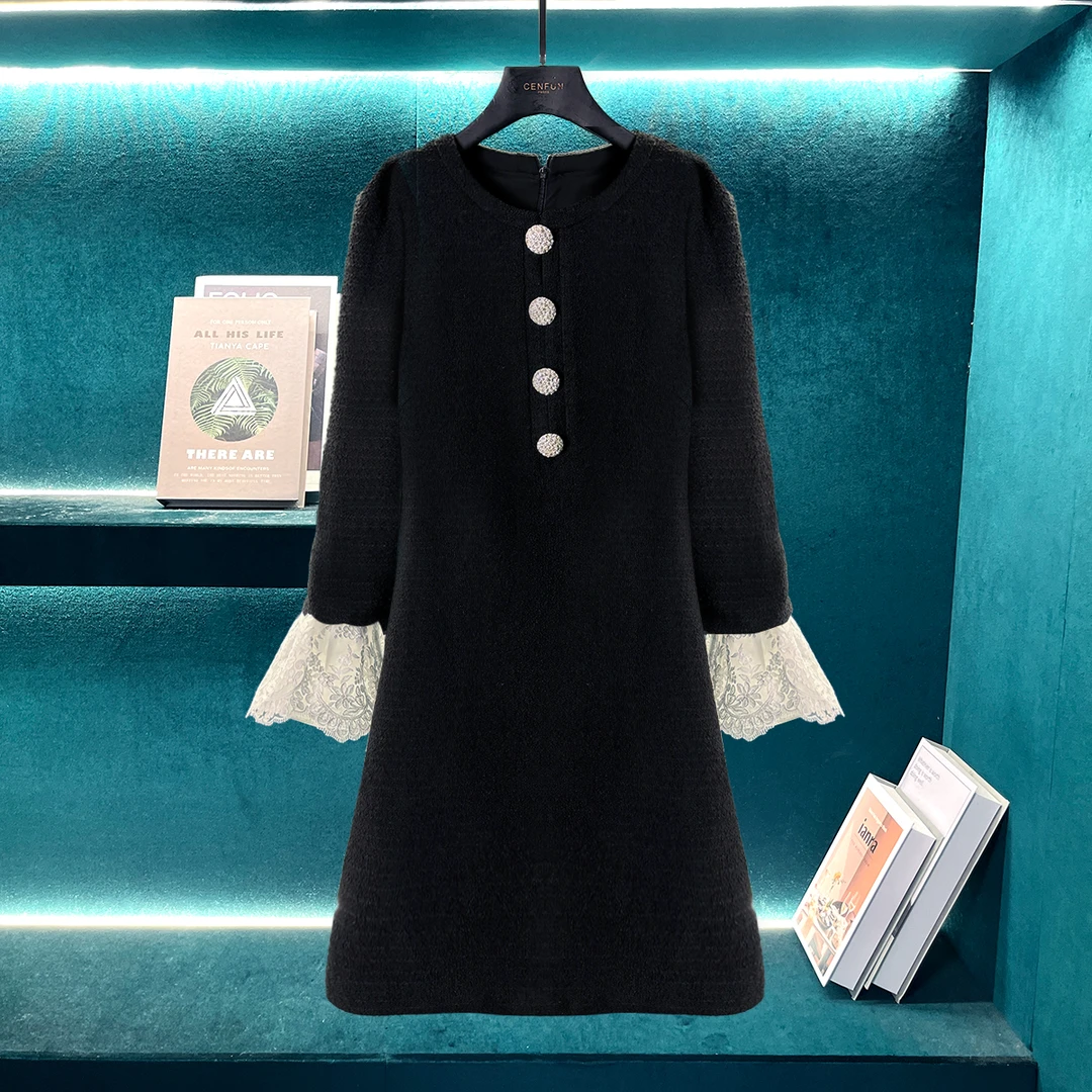 【CENFUN】*气质长袖针织轻奢时尚百搭黑色设计师连衣裙E031183