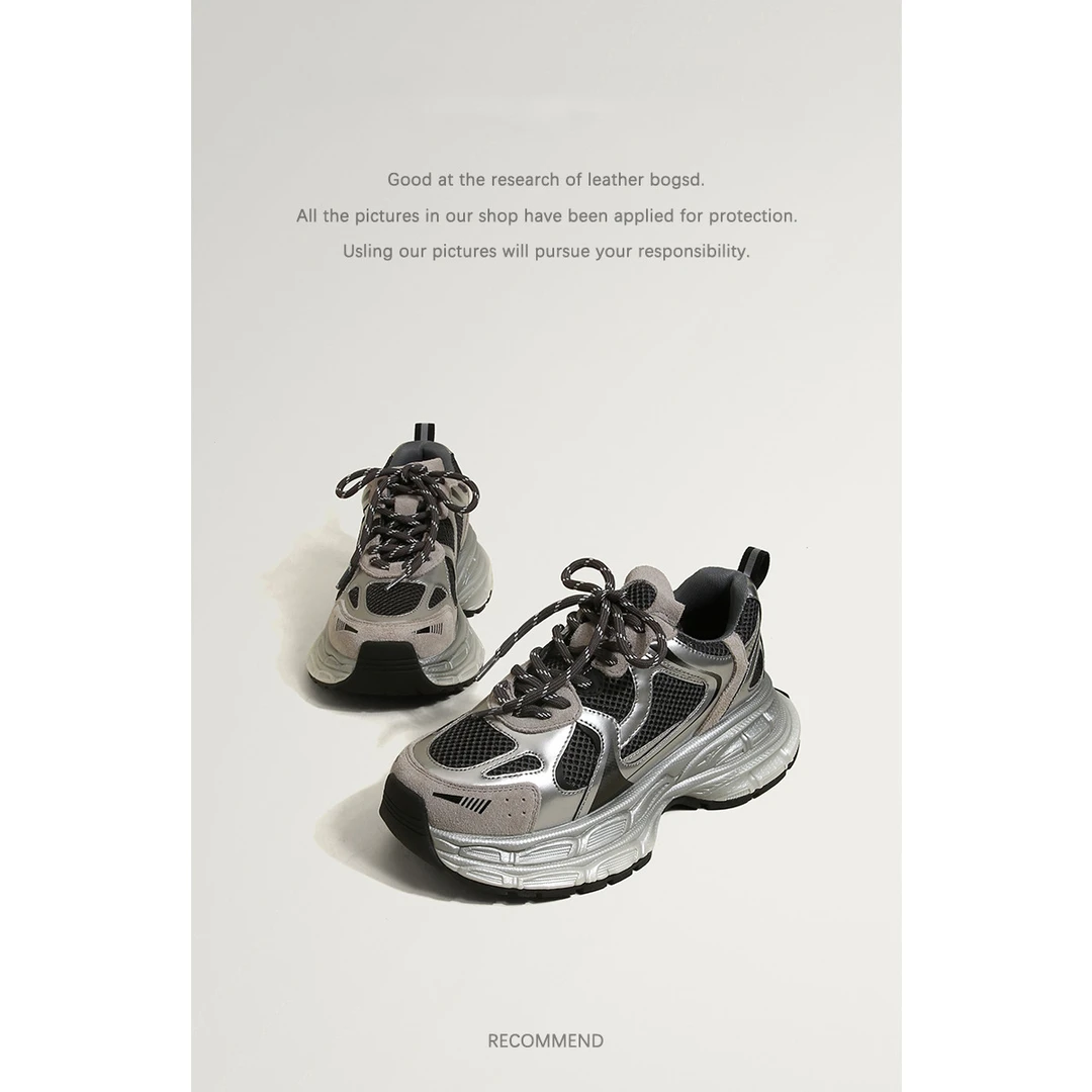 TOUCH MISS真皮厚底增高银色老爹鞋2025新款夏季百搭休闲运动鞋子