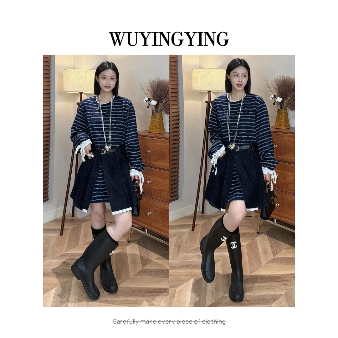 WUYINGYING【首尔周末】高品早秋条纹拼接假两件连衣裙NSZM250912
