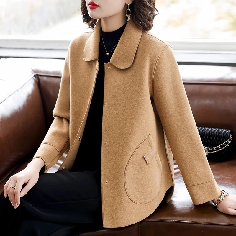 妈妈春装毛呢外套高贵大码中老年女新款洋气小个子春秋双面呢大衣