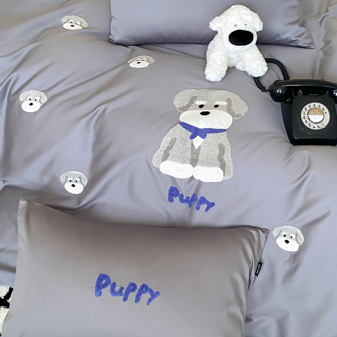 垂耳狗狗 100支(50*50)纯棉贡缎毛巾绣卡通柔软舒适裸睡床品套件