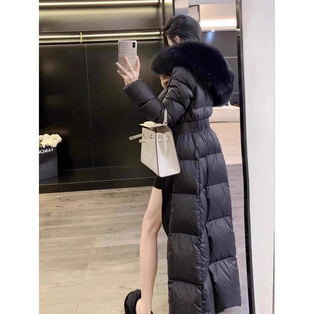 【现货】长款过膝设计感连帽收腰冬季新款爆款黑色大毛领棉服外套