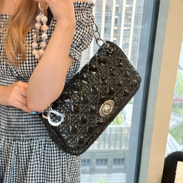 95新 DIOR/迪奥 黑银藤格纹单肩包