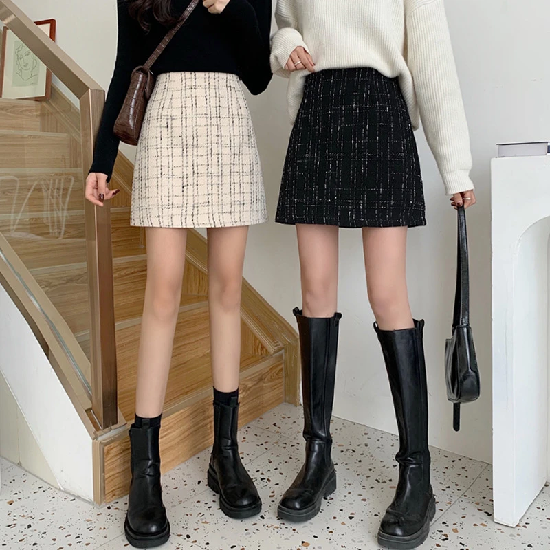 短裙半身裙高腰时尚轻熟风包臀裙格子秋冬季小香风黑色