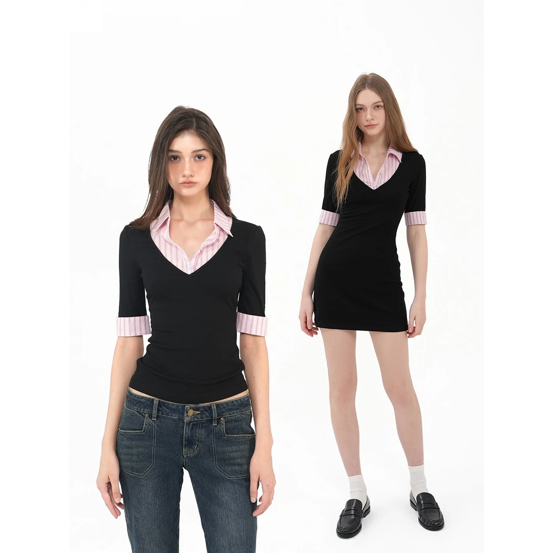 Jim Kennet粉色衬衫领拼接针织收腰连衣裙上衣