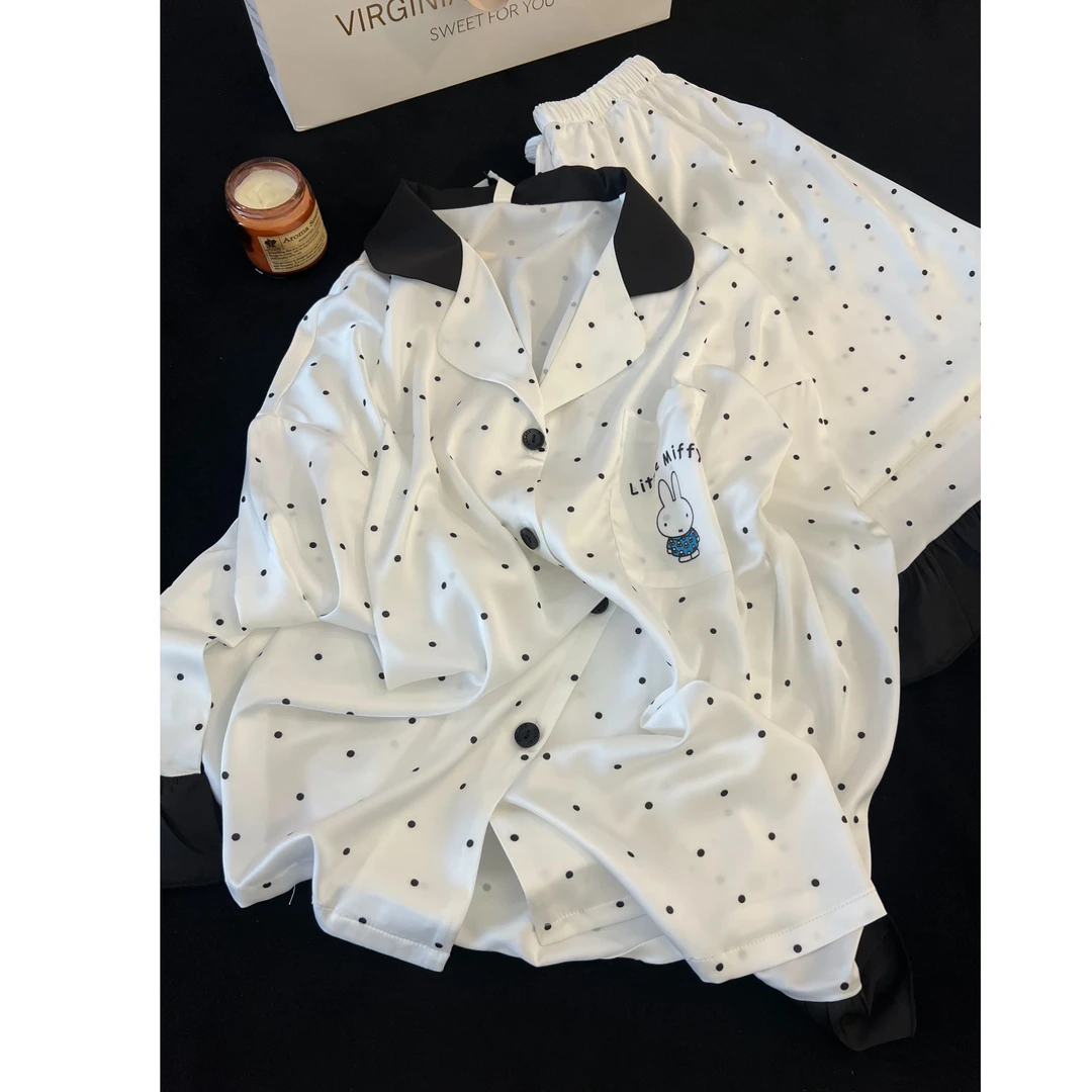 韩版可爱兔子波点睡衣女冰丝春夏季新款宽松长袖长裤居家套装外穿