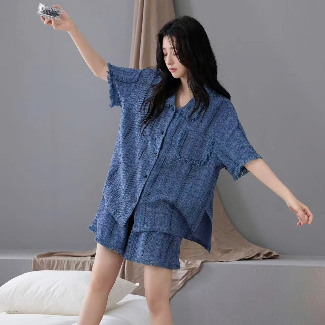 睡衣女士春夏季薄款纯棉纱布带胸垫短袖短裤新款家居服可外穿套装