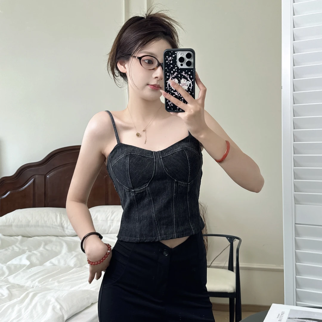 BELE ZHANG 复古牛仔外穿带胸垫收腰显瘦辣妹吊带设计感背心-9874