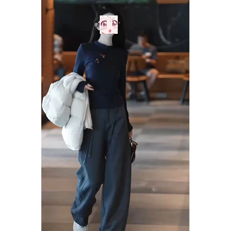 秋季个性穿搭两件套新中式盘扣正肩显瘦长袖T恤垂感百搭直筒裤子