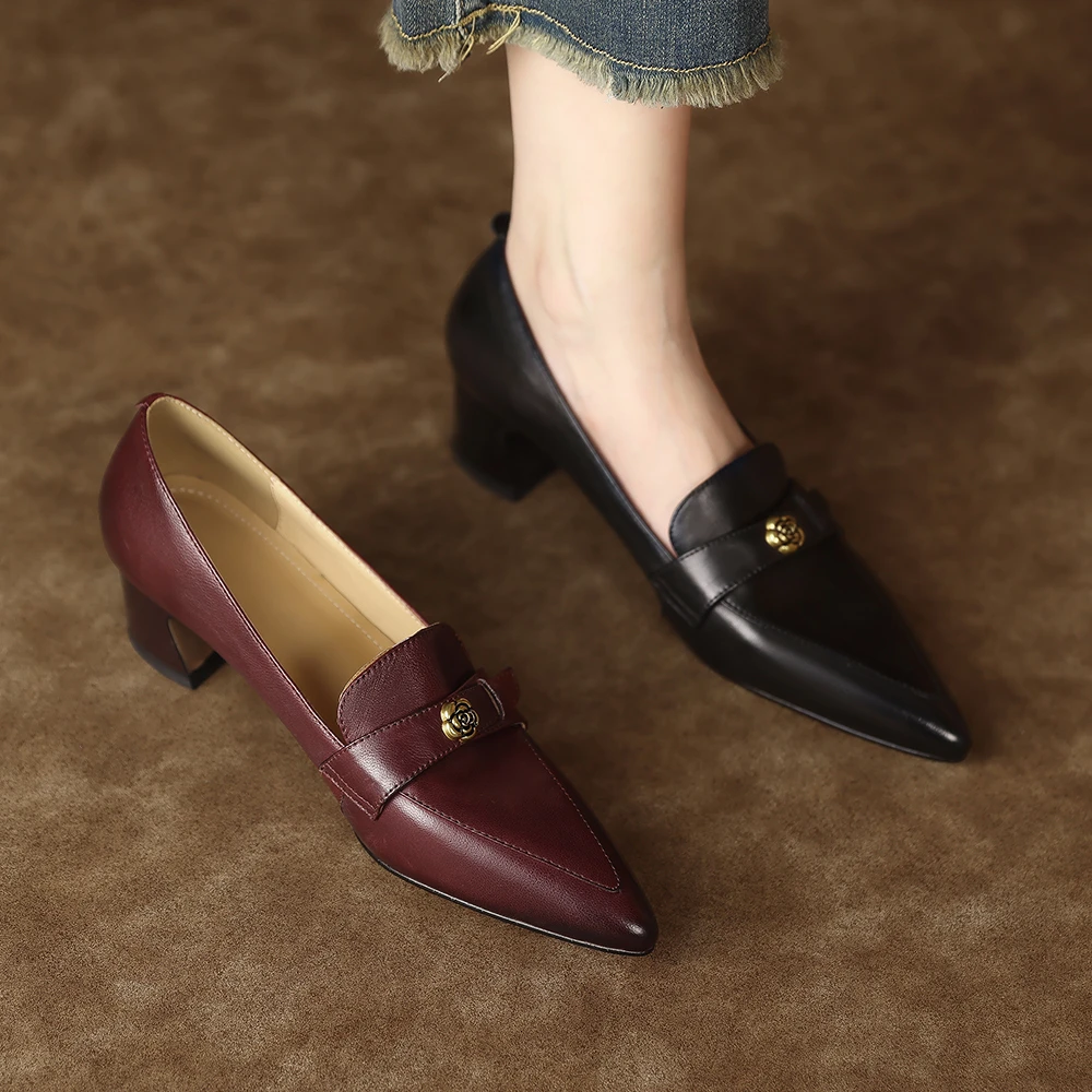 H161-12法式单鞋女2025春季新款粗跟中跟鞋尖头女鞋软羊皮鞋百搭