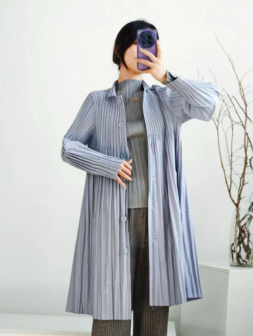 大码褶皱春秋新款纯色单排扣风衣外套时尚百搭宽松显瘦开衫