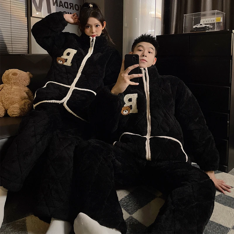 情侣睡衣女款秋冬季三层夹棉珊瑚绒加厚加绒法兰绒冬款男士家居服