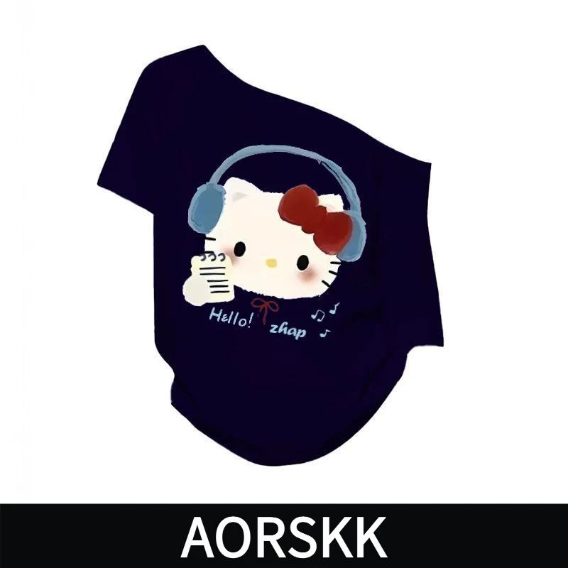 【AORSKK】新款一字肩宽松短袖t恤女藏青色多巴胺hellokitty上衣