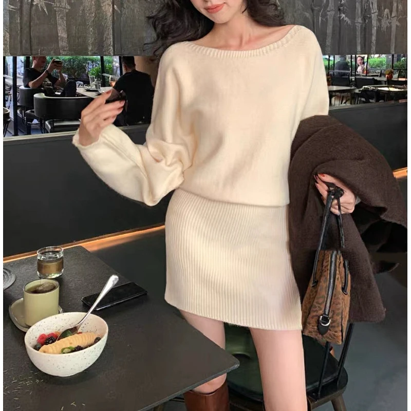 255  氛围感斜肩设计款显瘦百搭毛衣连衣裙（A16）