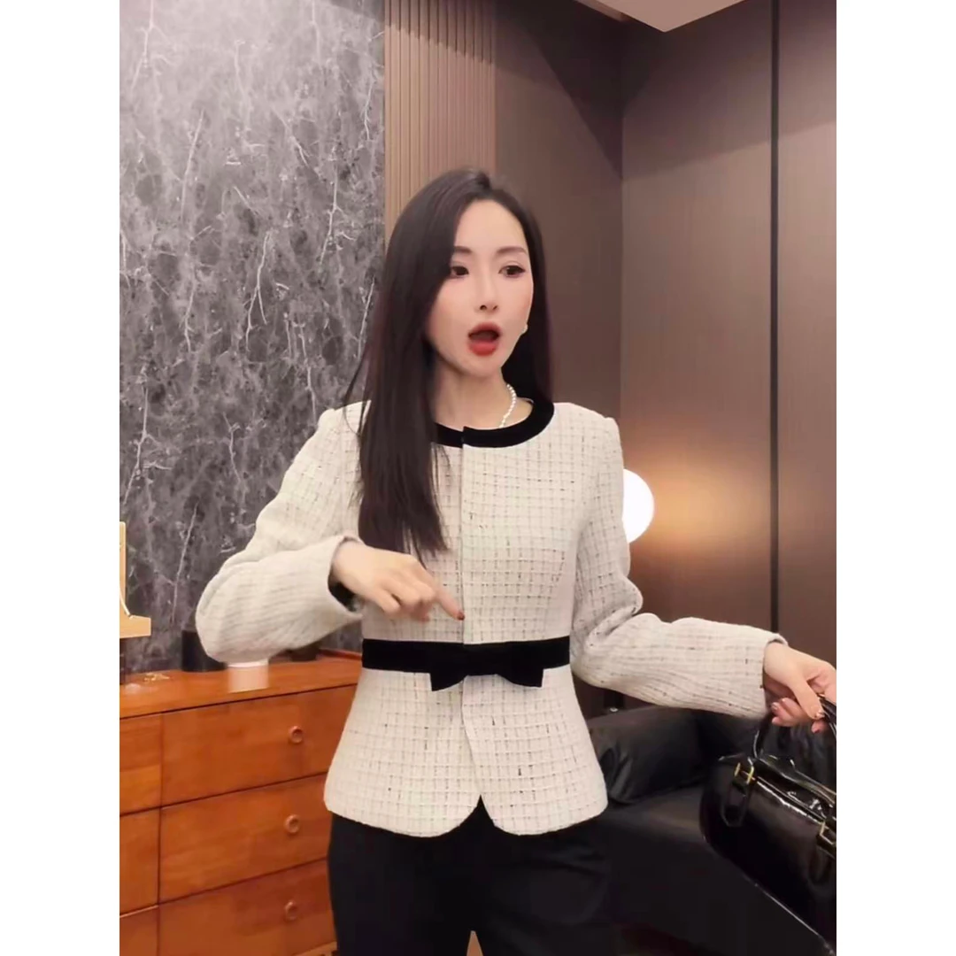 韩系名媛小香风气质撞色长袖外套女富家千金感时尚洋气收腰短开衫