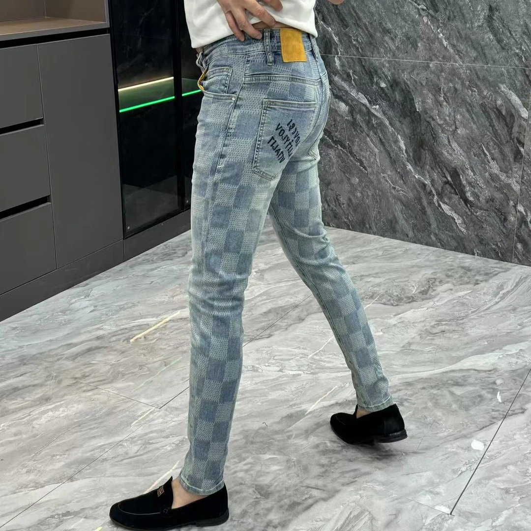 20121-夏季男士欧货修身小脚牛仔裤棋盘格束脚裤修身型透气舒适