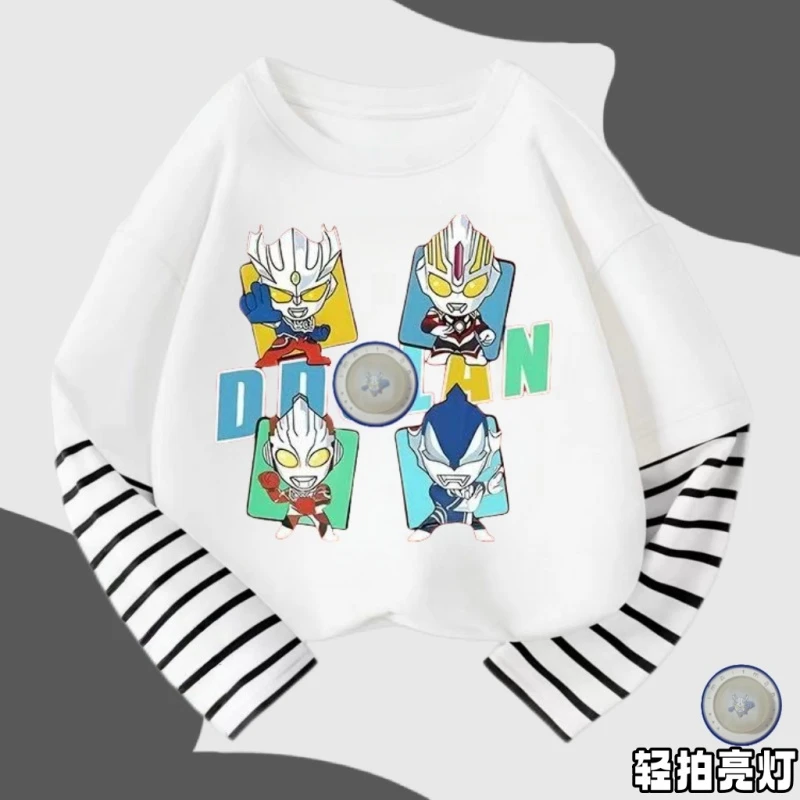2025新款奥特曼亮灯衣服男童春秋长袖假两件t恤上衣半袖纯棉儿童