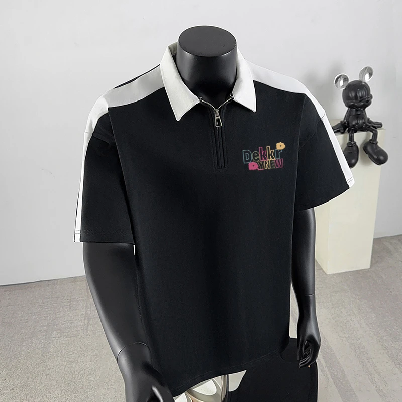 jtrt彩色字母印花纯棉polo衫男夏季高街插肩短袖t恤半拉链上衣