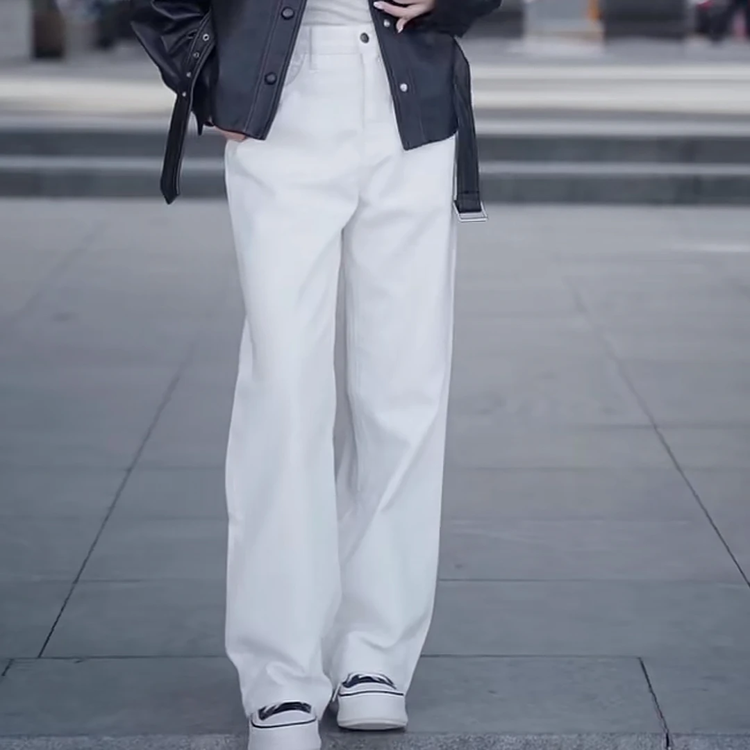 高腰直筒裤夏季2025新品女时尚百搭休闲裤白色哑光直筒棉质牛仔裤